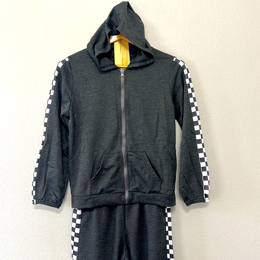 Gray Hoodie Tracksuit with Checkered‎ Stripes NWOT
